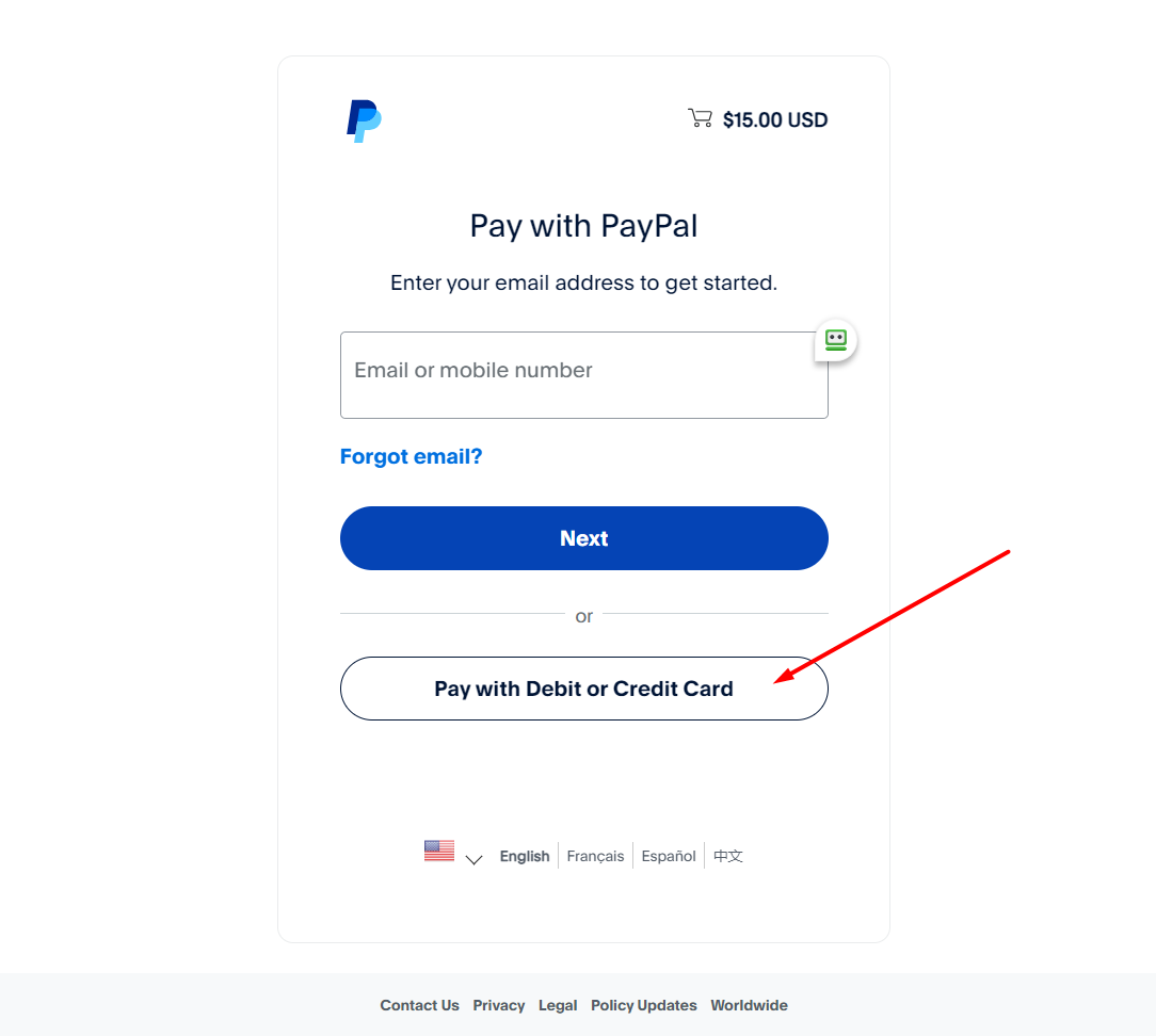 Pay via Paypal using credit card