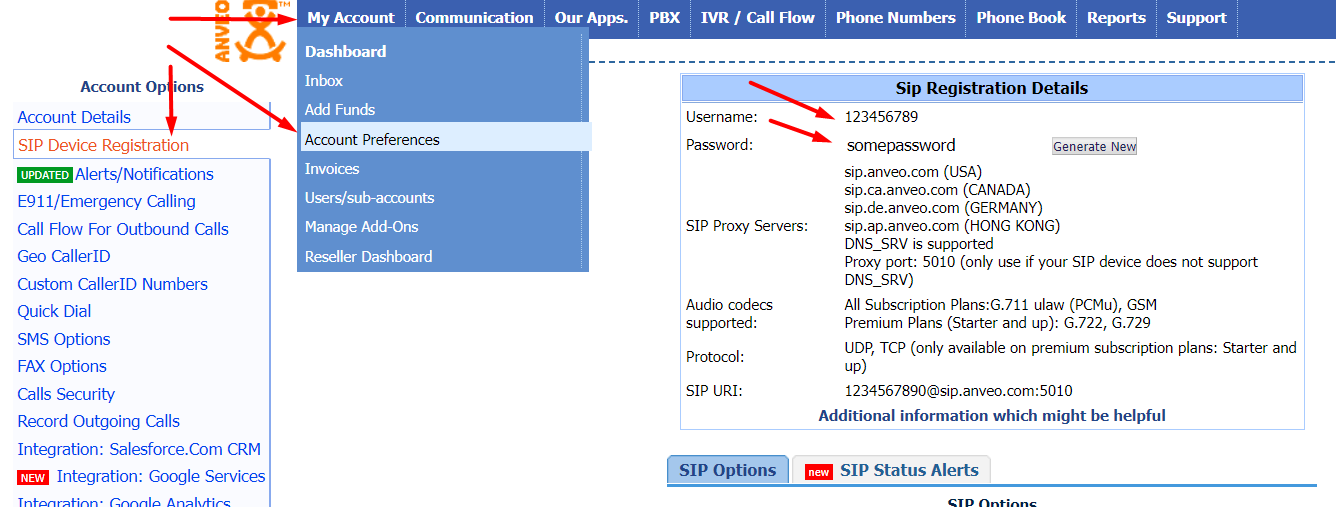 Anveo Sip Device Credentials