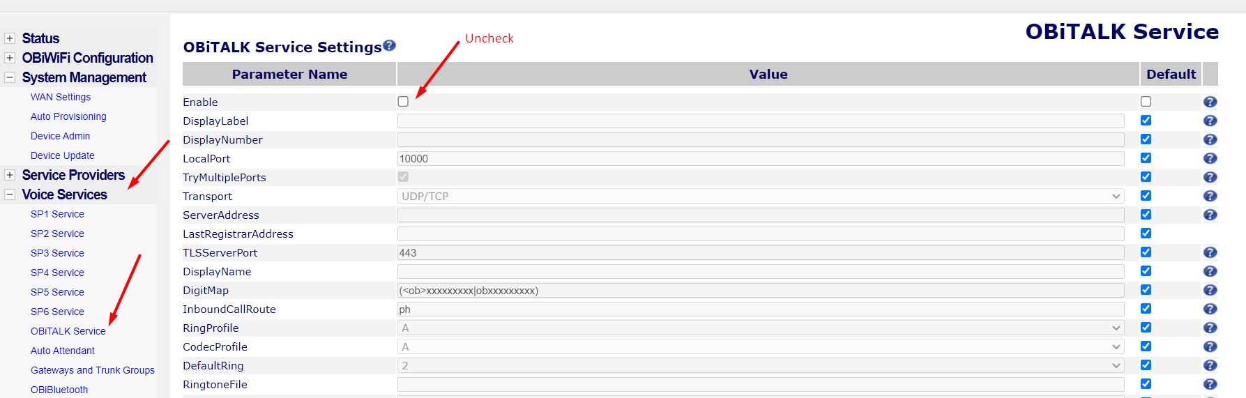 Disable obitalk auto provisioning